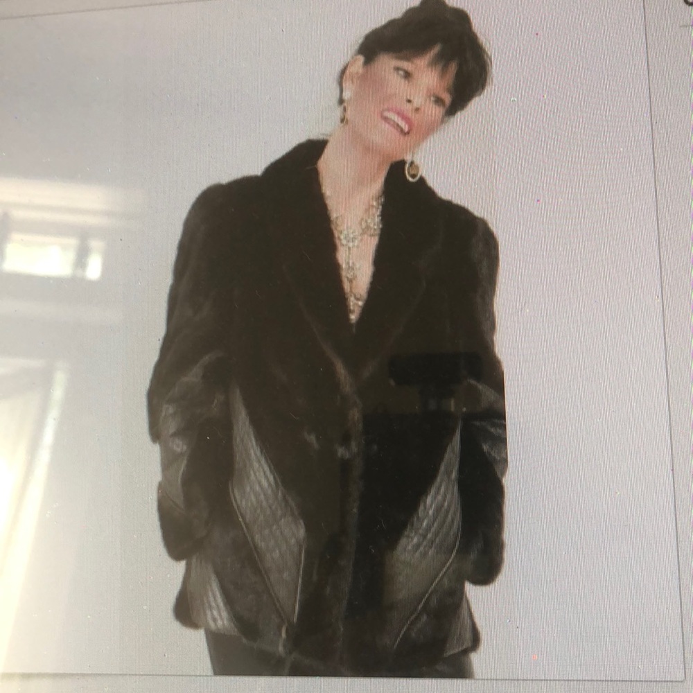 Brown mink jacket leather detail sz med excellent